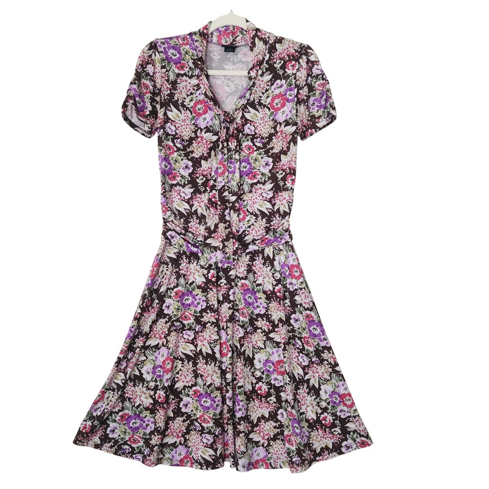 Retrolicious Floral Fit and Flare Dress Brown Purple Pink Short Sleeve Size L